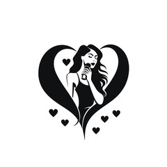 Black silhouette, tattoo of a heart with woman on white background. Vector.