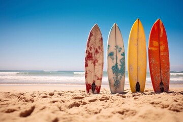 Colorful surfboards on the beach with blue sky in the background