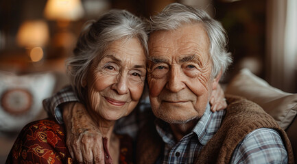 Close-up of a content elderly couple with bright smiles in a comfortable setting,ai generated