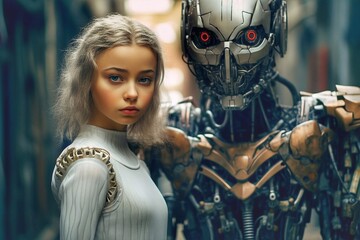 Portrait of a beautiful young woman with blond hair in a white dress on the background of a futuristic robot.