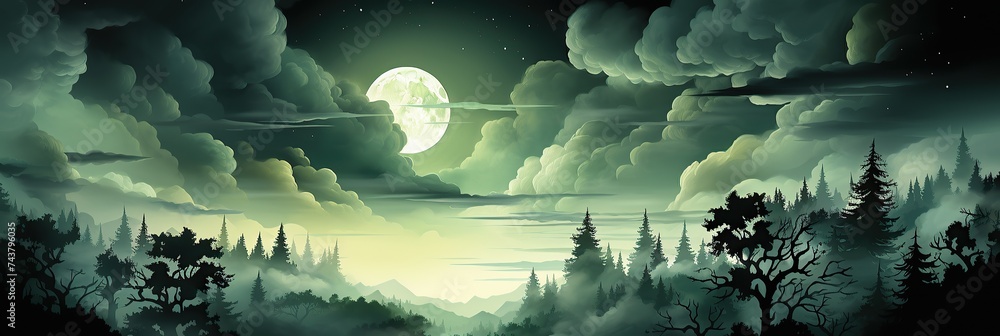 Poster a mesmerizing painting depicting a full moon casting its ethereal glow over a dense forest, illumina
