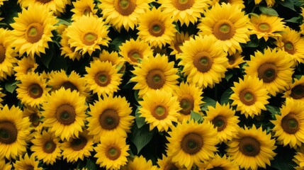 Endless field of sunflowers illuminated by the sun, harvest and agricultural business concept
