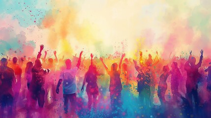 Watercolor happy people on the street in India in colored powder rejoice at the holiday, cheerful celebration of the holy festival of Holi
