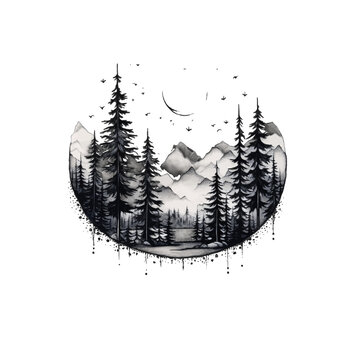 Black silhouette, tattoo of a landscape; river, trees, mountains on white isolated background. Vector.