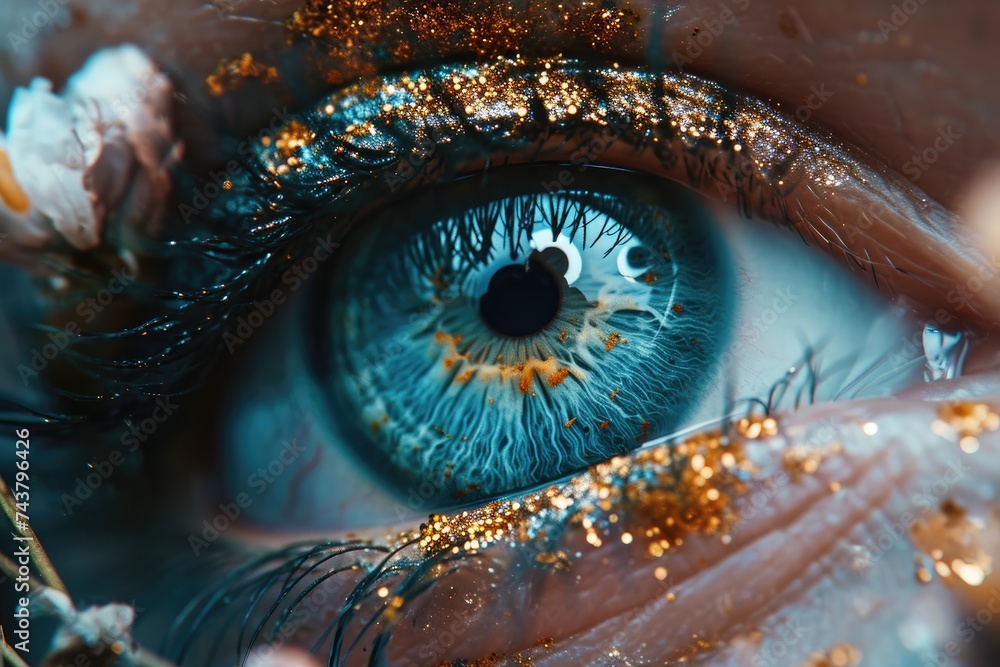 Poster persons striking blue eye, showcasing the depth of color and unique patterns within the iris