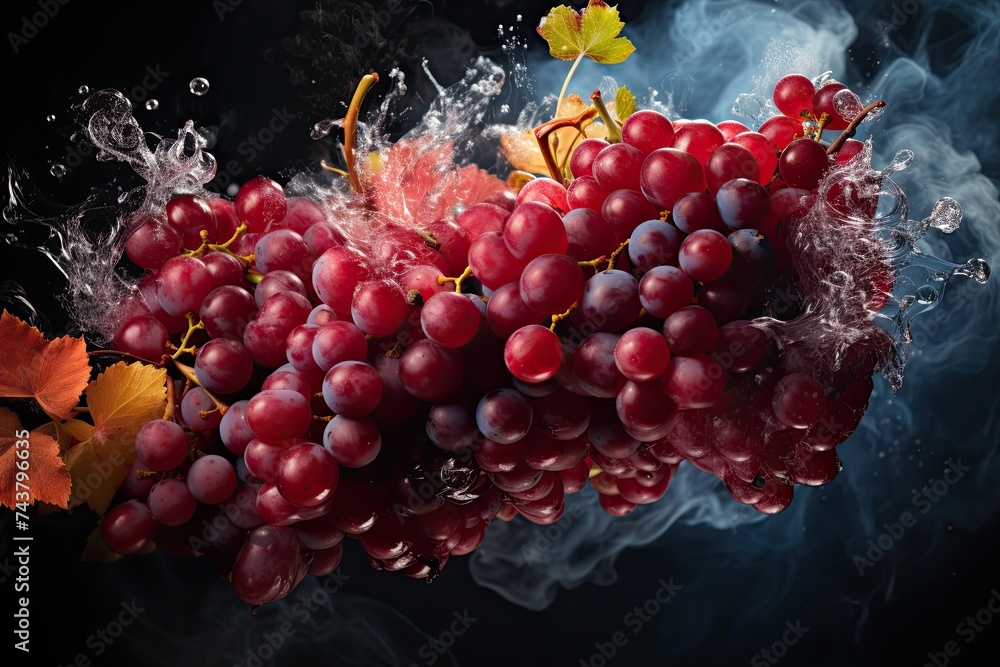 Aufkleber Water splashes playfully on a bunch of ripe grapes, creating a mesmerizing dance of freshness and vibrancy
