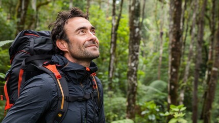 Majestic lion with a piercing gaze looking out from lush dark tropical jungle leaves.