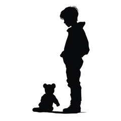 Black silhouette, tattoo of a boy and teddy bear on white isolated background. Vector.