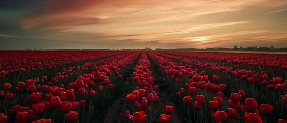 Tuinposter Netherlands tulip fields in spring: a riot of color stretching to the horizon © Artem