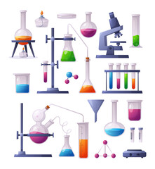 Chemical Laboratory equipment. Vector set of glassware with chemical reagents, microscope, glass tubes, beakers and pipeline, glass flasks, burner.Chemical scientific experiments with physics reaction