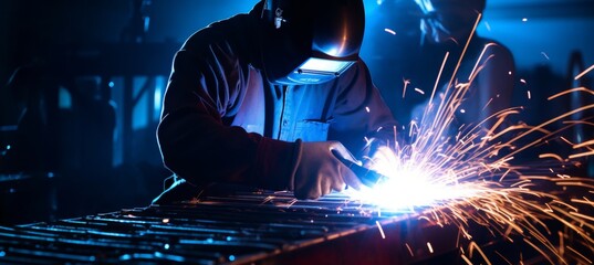Professional welding on medium sized pipe with blue light, copy space for text placement