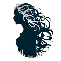 Black silhouette, tattoo of a bust of a girl with long hair on white background. Vector.