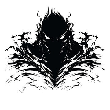 Black silhouette, tattoo of a dark monster, demon on white background. Vector.