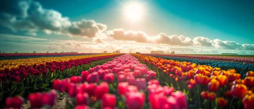 Netherlands tulip fields in spring: a riot of color stretching to the horizon