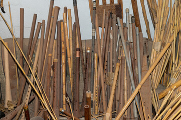 Various wind instruments in a workshop warehouse where musical instruments are made.