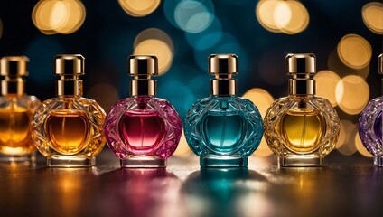 Vibrant bottles of perfumes, delicately arranged in an indoor setting, exude a sense of luxury and beauty, enticing us with their alluring scents - obrazy, fototapety, plakaty