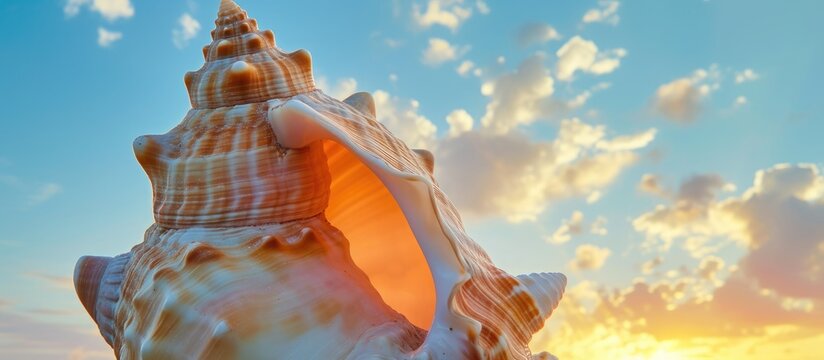 A photograph capturing the beauty of a Murex conch shell as it sits prominently on top of a sandy beach, under the vibrant blue sky during sunset.
