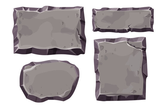 Set stone game menu panels, textured ui frames interface template in comic isolated on white background.