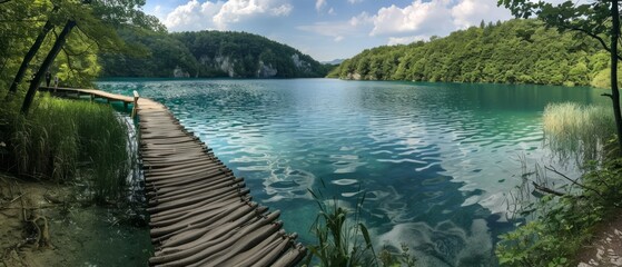 Plitvice Lakes, Croatia: crystal-clear waters cascade through lush greener - obrazy, fototapety, plakaty