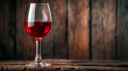 Red wine glass on elegant wooden table, dark blurred background, space for text, fine dining concept