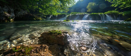 Plitvice Lakes, Croatia: crystal-clear waters cascade through lush greener - obrazy, fototapety, plakaty