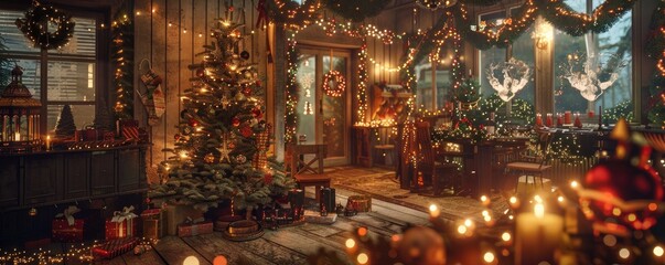 Miniature Christmas village display with festive decorations