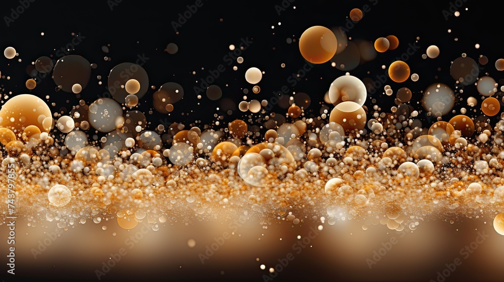 Poster gold and white bubbles swirling against a dramatic black backdrop, creating a mesmerizing and enchanting atmosphere