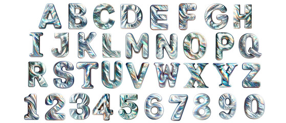 The letters A-Z Number 0-9  are pearl shells. on a transparent background