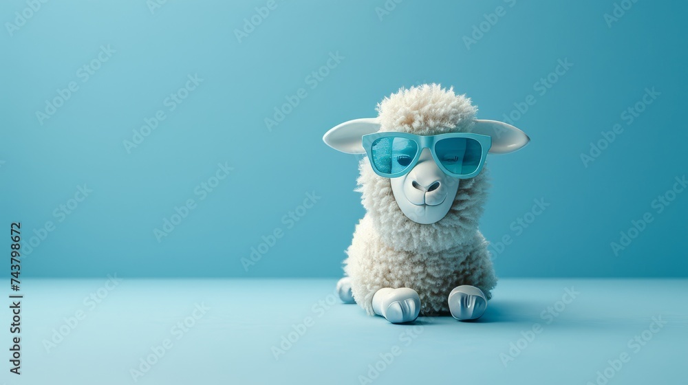 Poster amusing sheep with sunglasses on pastel background, copy space available for text placement
