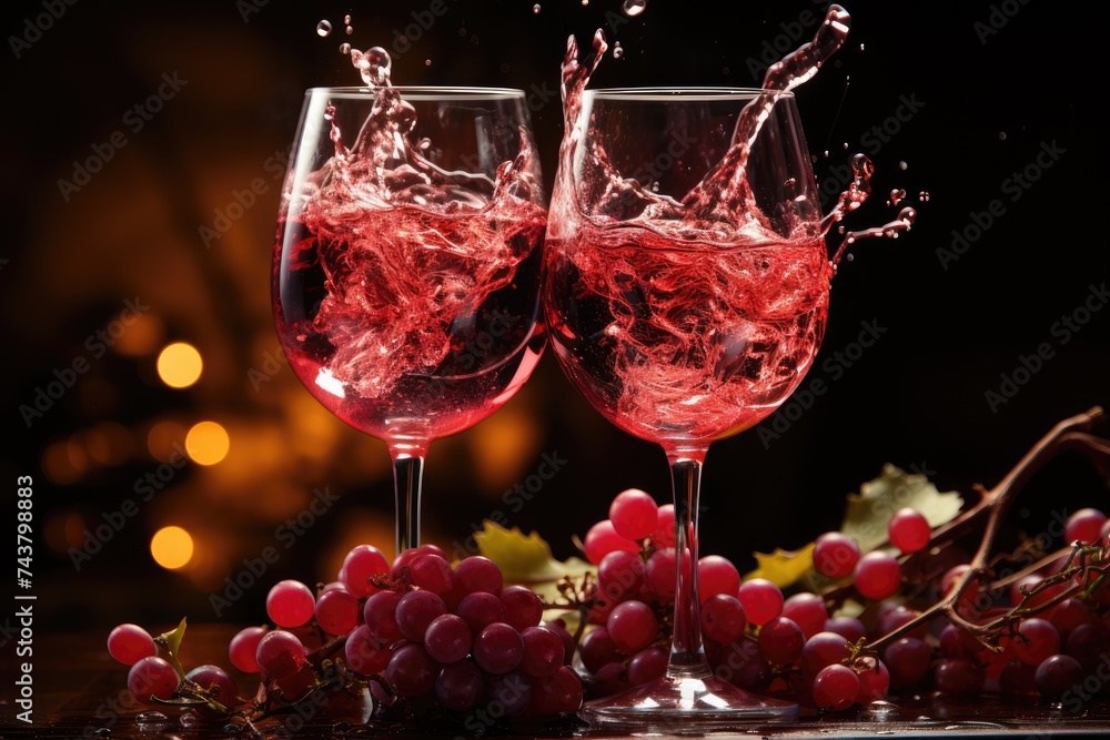 Poster two glasses of wine with red wine splashing out of them, creating a captivating and dynamic movement