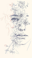 Detailed Line Drawing of a Face with Floral Features in High Definition on White Background