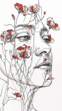 High Definition Line Drawing of a Floral Portrait on White Background
