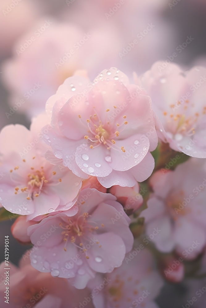 Poster a cluster of vibrant pink flowers covered in sparkling water droplets, creating a mesmerizing and en