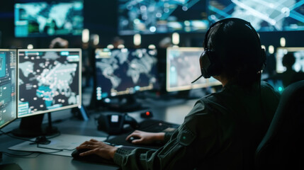 An operator monitors global network activity from a high-tech control room. Military operations, intelligence concept