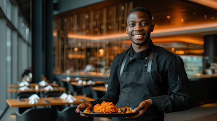 Fototapeta na wymiar African-American server showing dish in restaurant, indoors