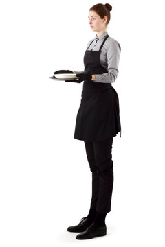 Caucasian restaurant waitress isolated on white background