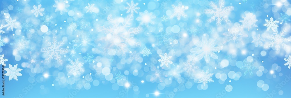 Poster a mesmerizing blue backdrop adorned with delicate white snowflakes, creating a serene and enchanting