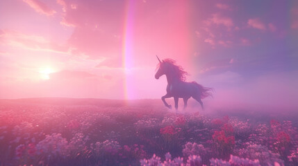 Magic unicorn in blossoming meadow, fairytale atmosphere