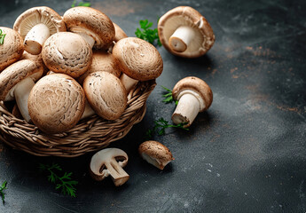 Raw mushrooms champignons on black background, cooking concept