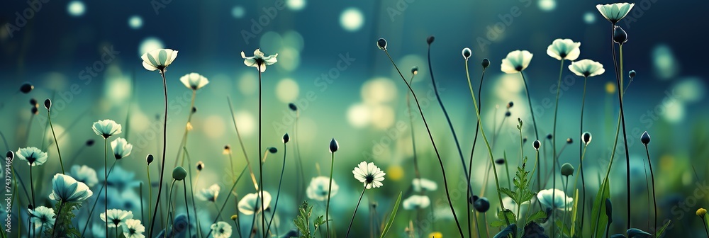 Poster a vast field covered in delicate white flowers basking under the warm sun, creating a serene and eth