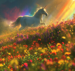 Cute unicorn in blossoming field, fairytale atmosphere - obrazy, fototapety, plakaty