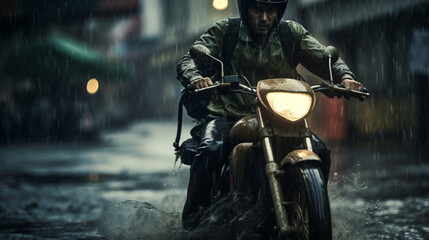 A Motorcycle Taxi Driver Rides In A Heavy Rain