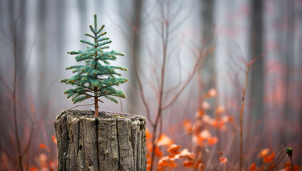 Winter into Spring: A Young Christmas Tree Emerging from Snow, Symbolizing the Transition and Renewal of Seasons