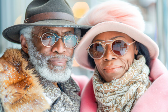 Chic elderly couple wearing vibrant fashionable pink coats. Stylish mature couple in winter fashion. Portrait of an elegant senior couple in modern outfits. 