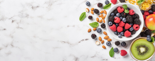 Top view photo of mix of fresh fruit and nuts on white background, healthy food concept - obrazy, fototapety, plakaty
