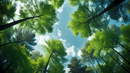 Fototapeta premium Green leaves and sky, clear blue sky and green trees seen from below