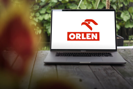 Orlen logo, Polish multinational oil refiner and petrol retailer, displayed on MacBook Pro screen