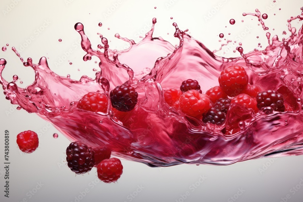 Fototapete Fresh raspberries burst into a pool of water, creating a dynamic splash and ripples in a mesmerizing blend of red and blue