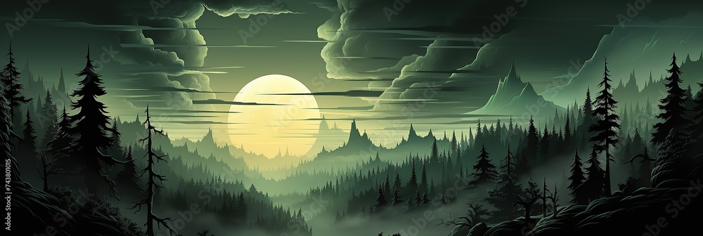 Poster A serene painting of a dense forest illuminated by the soft glow of a full moon, casting shadows of trees and creating a magical atmosphere
