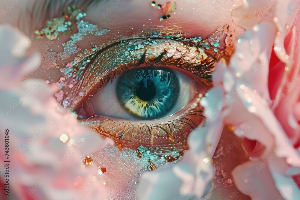 Aufkleber A close-up shot of a persons eye in sharp focus with a vibrant flower blurred in the background, creating a visually striking composition